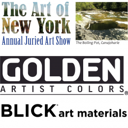 Picture of three logos. One for Art of New York Juried Art Show, One for Golden Artist Colors and one for Blick art materials 