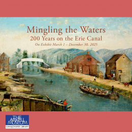 Painting of life on a canal. Text reads: Mingling the waters 200 years on the erie canal