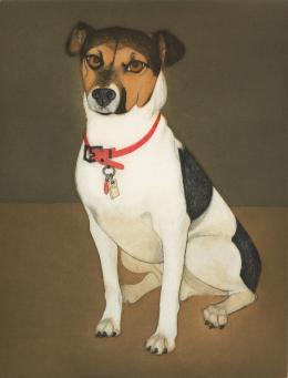 Print of a small while dog with black spots and a brown face. Wears a red collar